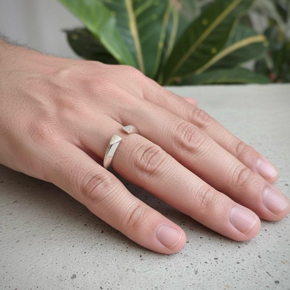 Men’s Sterling Silver Geometric Pyramid Ring Open Cuff Band